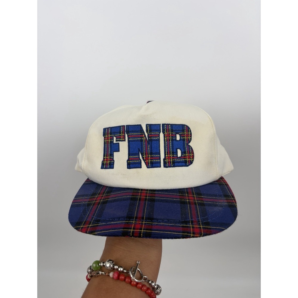 VTG FNB Hat‎ Plaid Brim Strapback K Products USA Dad Cap 90s Retro Preppy Promo